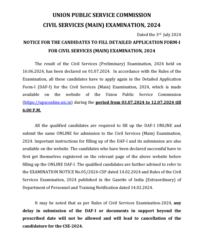 UPSC IAS Main DAF Examination 2024