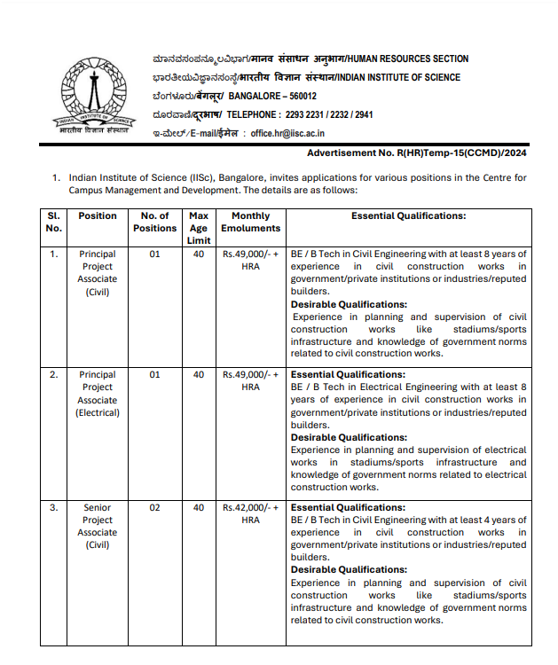 IISc upcoming govt jobs upcoming govt jobs Recruitment  20242024