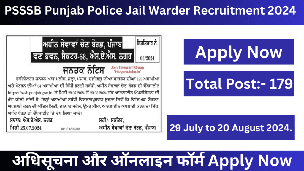 PSSSB Punjab Police Jail Warder upcoming govt jobs upcoming govt jobs Recruitment  20242024