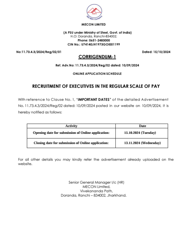 MECON Recruitment 2024