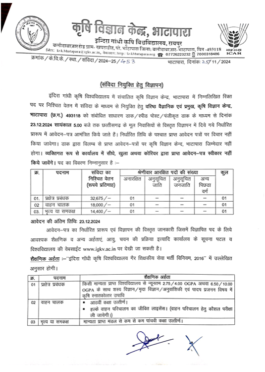 Krishi Vigyan kendra bhatgapara Recruitment 2024