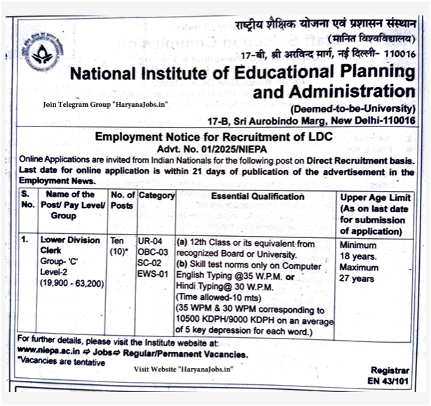 NIEPA LDC Recruitment 2025