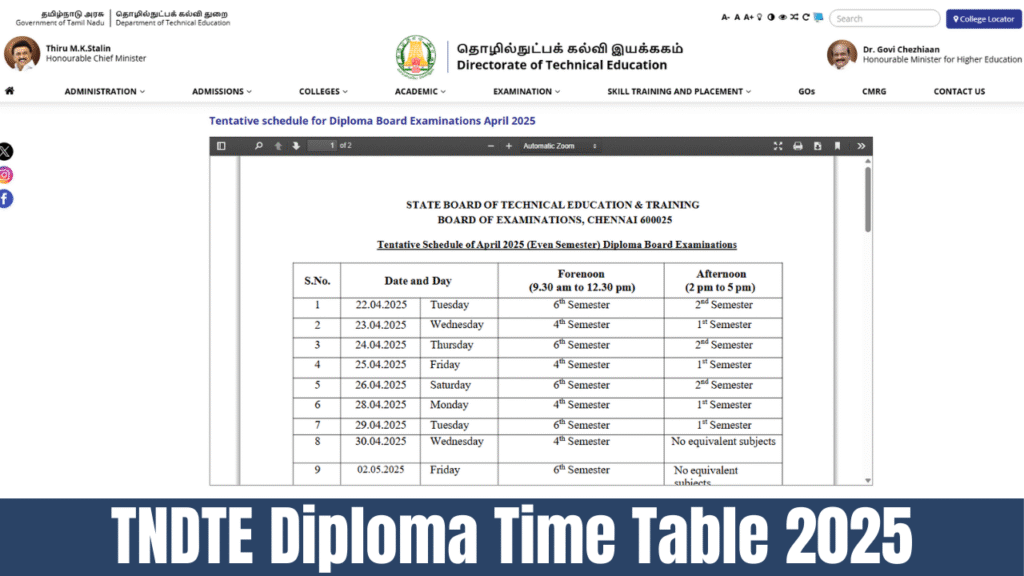 TNDTE Diploma Time Table 2025